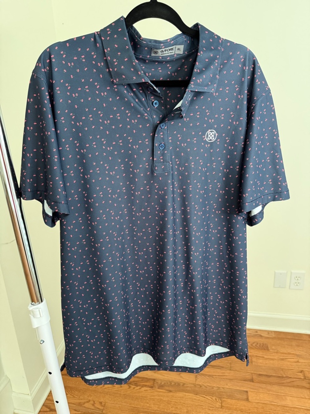 G/FORE Navy Polo with Pink Micro Dot Print